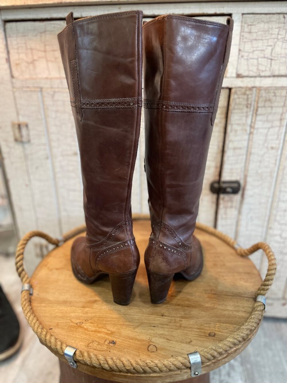 RSVP Collection Brown Leather Tall Riding Boots Size 8M Womens Brogue Detail - Picture 9 of 13